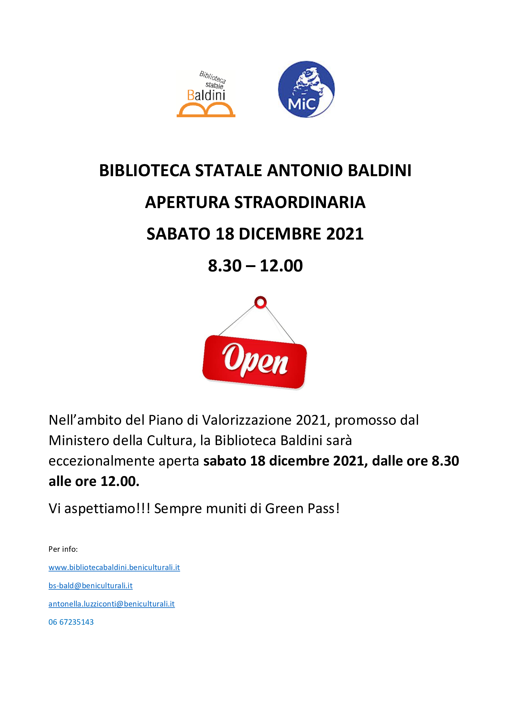 APERTURA STRAORDINARIA SABATO 18 DICEMBRE 2021